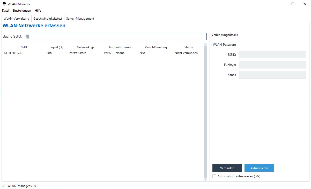 WLAN Manager Hauptoberfläche
